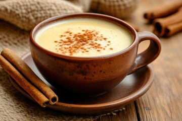 Steaming canelazo with cinnamon sticks on wooden table