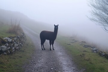 Alpaca standing on misty highland path with stones and fog