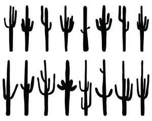 Black silhouettes of different cactus on a white background