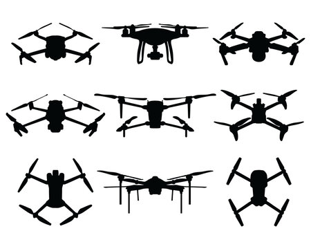 Black silhouettes of drones on the white background