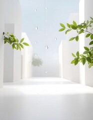 Minimalist White Architecture with Water Droplets and Greenery