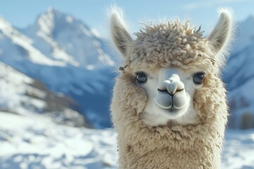Curious alpaca close up with soft fur and mountain view