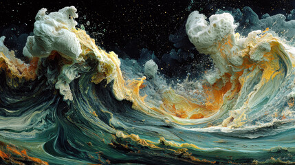 Surreal ocean waves transform into a musical track visual with vibrant textures and colors representing various instruments