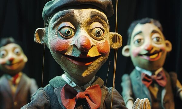 Colorful marionette puppets performing on stage with a dark background, captivating the audience