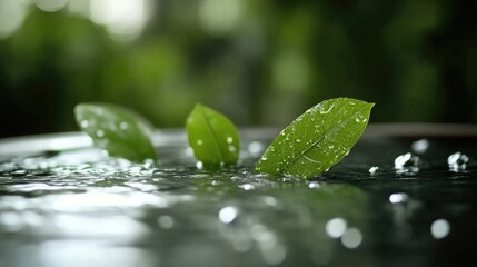 Fresh leaves on water, vibrant green