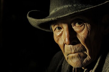 Fototapeta premium Elderly Aymara man wearing wool hat in soft afternoon light