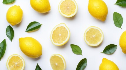 Fototapeta premium Vibrant Yellow Lemons and Green Leaves on White Background