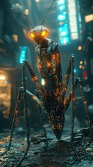 Fototapeta premium Cyberpunk Praying Mantis in Cityscape with Glowing Lights Futuristic Insect