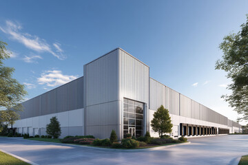 Fototapeta premium Modern warehouse building showcasing sleek metallic facade, large windows, and landscaped grounds, representing efficient logistics and industrial design
