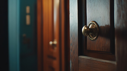 Close-Up of a Wooden Door with Brass Doorknob