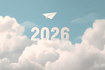 Minimalist 3D rendering of white 2026 numbers floating above fluffy clouds with a paper airplane in soft blue sky, dreamy optimistic concept for new year, aspiration, future growth, inspirational use