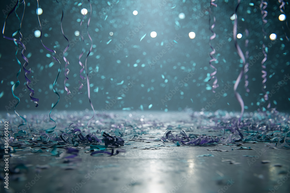 Poster teal and purple confetti and ribbons on a floor, falling from above, creating a celebratory atmosphe