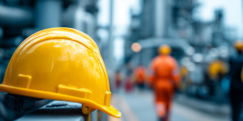 Close-up of yellow hard hat, glossy surface, rests on ledge, blurred industrial background suggesting safety, construction, or industry work