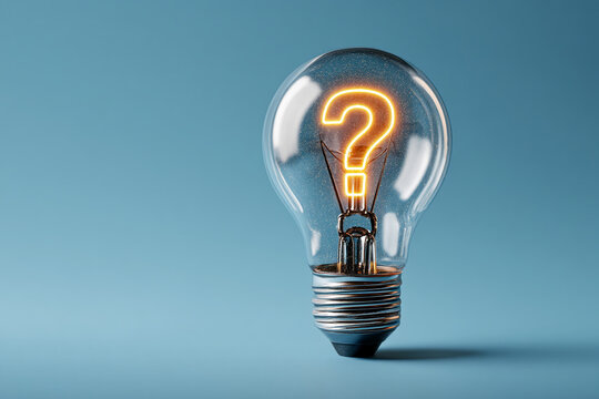 Glass lightbulb on blue background, question mark glowing inside, symbolizes inquiry, problem-solving, and idea generation, perfect for educational or business concepts