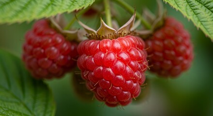 Close-up of Ripe Red Raspberries with Green Leaves and Natural Background