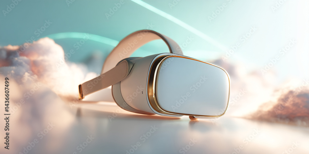 Poster white vr headset with gold accents rests on a cloudy surface, showcasing technological advancement a
