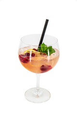 Summer berry cocktail with lemon and mint on white background
