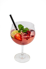 Berry cocktail with strawberry, lime and mint on white background
