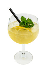 Summer cocktail with lemon, mint and ice on white background
