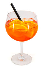 Aperol spritz cocktail with orange slices on white background

