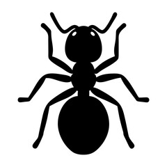 Black silhouette of an ant with six legs on a white background
