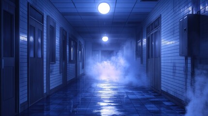 Dusty magical academy hallway, faint glowing lights in the corners, illuminated by moonlight, anime style, nighttime