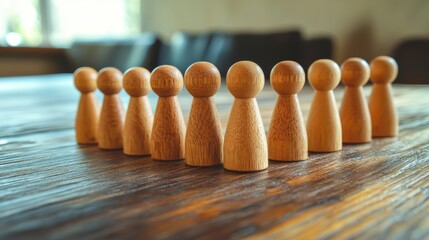 Wooden Figurines Arranged in a Semi circle on Rustic Table