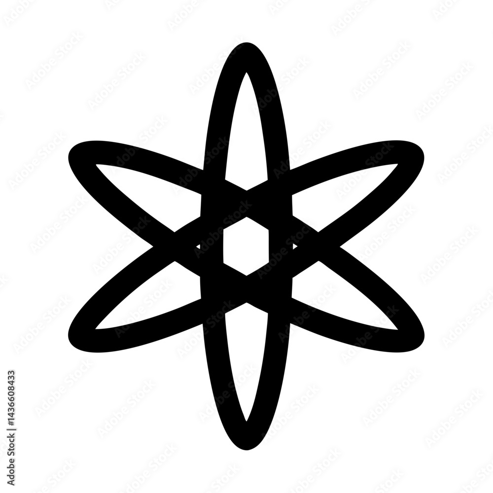 Poster stylized atomic symbol with orbital paths and central hexagon in black