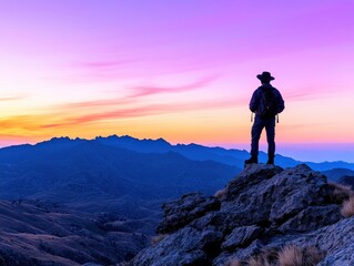 Fototapeta premium Solitary hiker on rocky peak, breathtaking sunset over vast mountain range