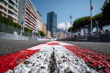 Obraz premium Close-up of Asphalt Racetrack with Red and White Stripes at Racing Festival