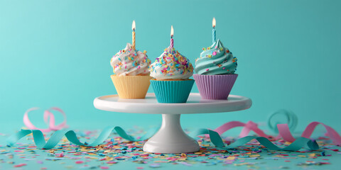 Three colorful cupcakes with candles on a white cake stand, surrounded by confetti and ribbons, festive birthday scene
