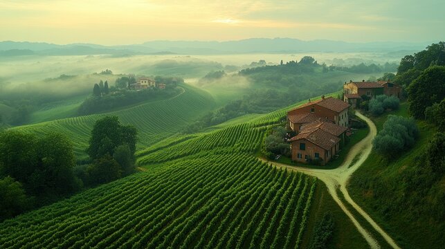 Misty vineyard landscape at sunrise
