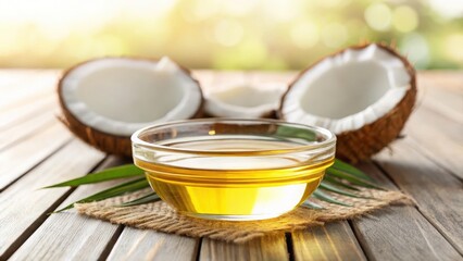 MCT oil in a bowl with split coconuts on a wooden surface.