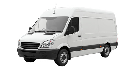 A white delivery van parked on a black background with its headlights and tires visible in the image
