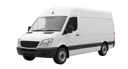 A white delivery van parked on a black background with its headlights and tires visible in the image