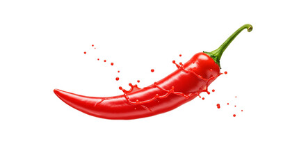 A single red chili pepper with a green stem and red liquid splashing against a black background space