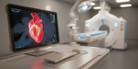 Computer screen displays detailed human heart anatomy in medical setting, showcasing advanced technology and healthcare diagnostics