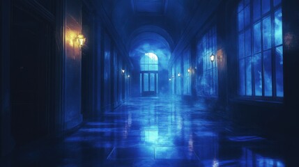 Dusty magical academy hallway, faint glowing lights in the corners, illuminated by moonlight, anime style, nighttime
