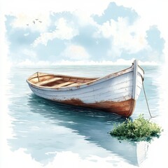 Obraz premium A small wooden boat floats peacefully on calm water under a bright, cloudy sky with birds flying in the distance.