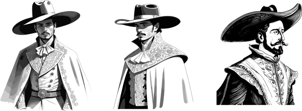 Monochrome Outline Illustration of a Torero in Vintage Toreador Costume vector set &ndash; Traje de Luces and Cape de Brega in Minimalist Romanticism Style,  Fashion Illustration, No Shadow