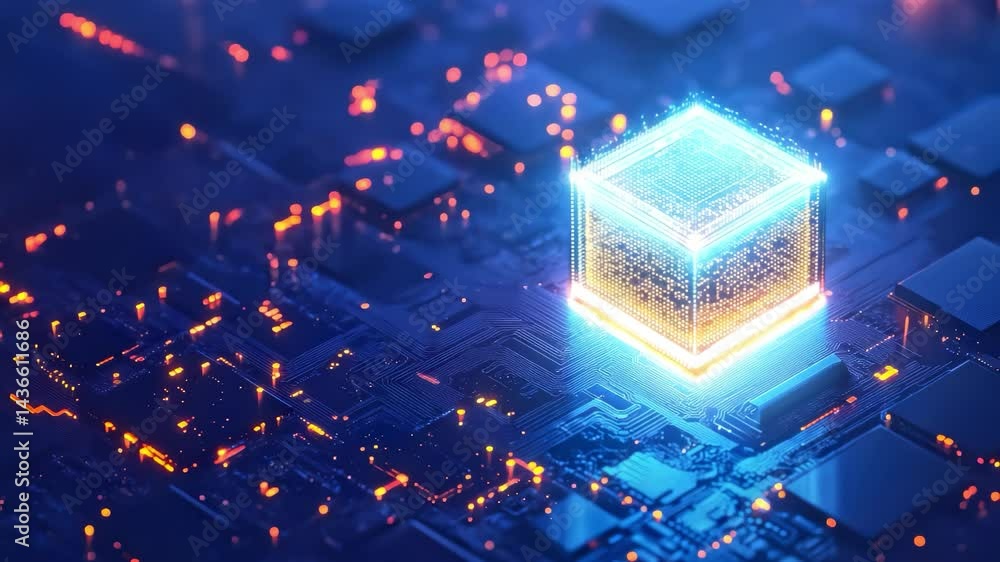 Poster glowing cube operating on circuit board