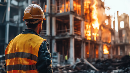 Construction Worker Observing a Burning Building