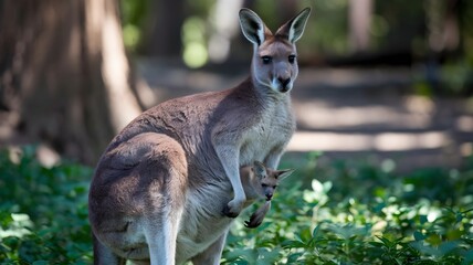kangaroo in the park with baby kangaroo.