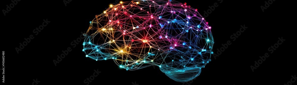 Aufkleber colorful glowing dot and line brain on black background depicting neural network technology and arti