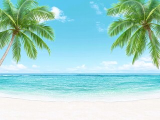 Idyllic beach scene with turquoise water, white sand, and two palm trees framing a bright blue sky