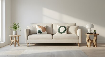 Modern Minimalist Living Room Interior with Beige Sofa, Geometric Cushions and Natural Light