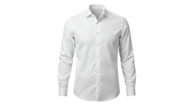 A white long sleeved collared shirt with buttons displayed on a black background in a studio shot