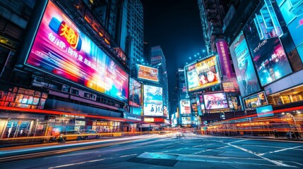 Lively city street dazzled with numerous neon signs and bright lights at night