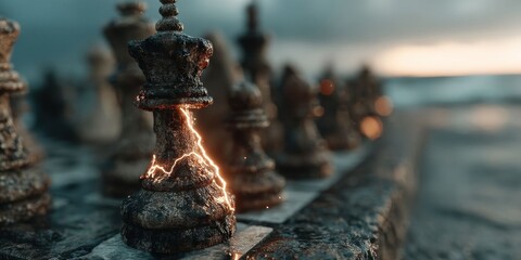 Surreal Chessboard Under Thunderstorm with Mystical Lightning