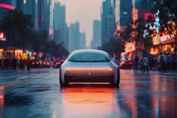 A car navigating down a rainy street, surrounded by city lights and wet surfaces creating reflections